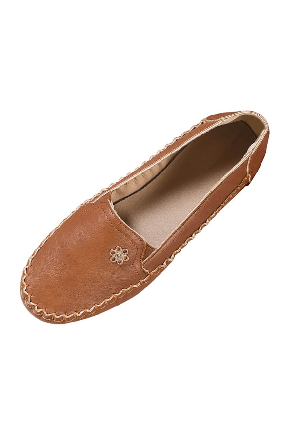 Soft Leather Loafers for Women Slip on Flats with Floral Metal Detail Round Toe Comfortable Casual Shoes Non Slip Sole Everyday Wear Brown