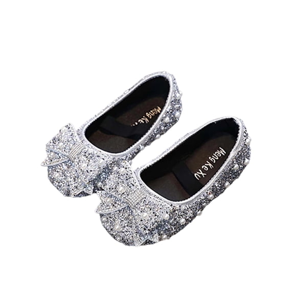 Xfvqtps Sparkle Princess Mary Jane Ballet for Girls Elastic Strap Close Toe Pearl Bow Sequin Rhinestone Spring Summer Dressy Casual Shoes