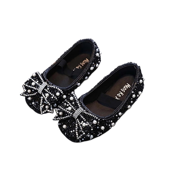 Xfvqtps Sparkle Princess Mary Jane Ballet for Girls Elastic Strap Close Toe Pearl Bow Sequin Rhinestone Spring Summer Dressy Casual Shoes
