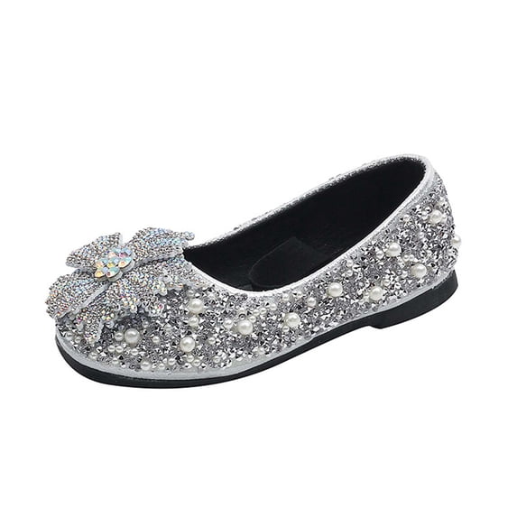 Xfvqtps Sparkle Princess Mary Jane Ballet for Girls Elastic Strap Close Toe Pearl Flower Sequin Rhinestone Spring Summer Dressy Casual Shoes