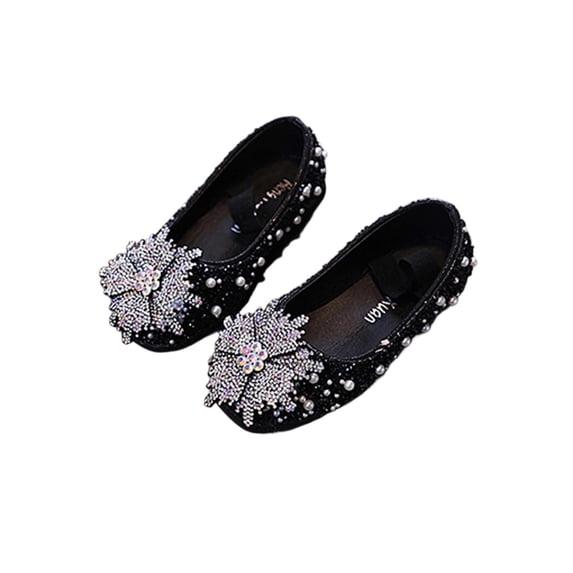 Xfvqtps Sparkle Princess Mary Jane Ballet for Girls Elastic Strap Close Toe Pearl Flower Sequin Rhinestone Spring Summer Dressy Casual Shoes