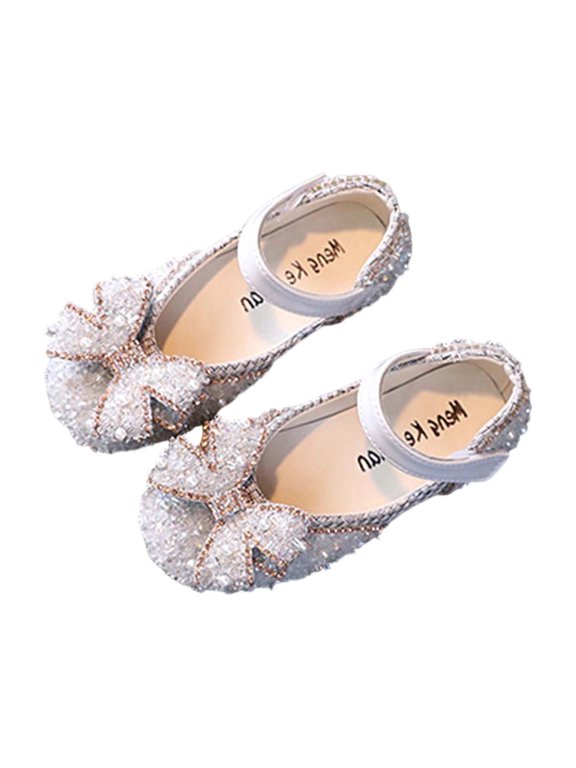 Sparkle Princess Mary Jane Ballet for Girls Hook and Loop Strap Close Toe Pearl Crystal Bow Spring Summer Dressy Casual Shoes