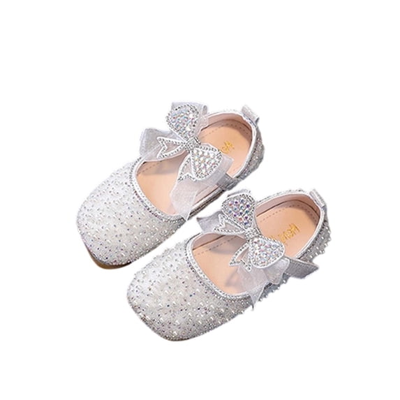 Xfvqtps Sparkle Princess Mary Jane Ballet for Girls Hook and Loop Strap Close Toe Pearl Mesh Bow Rhinestone Spring Summer Dressy Casual Shoes