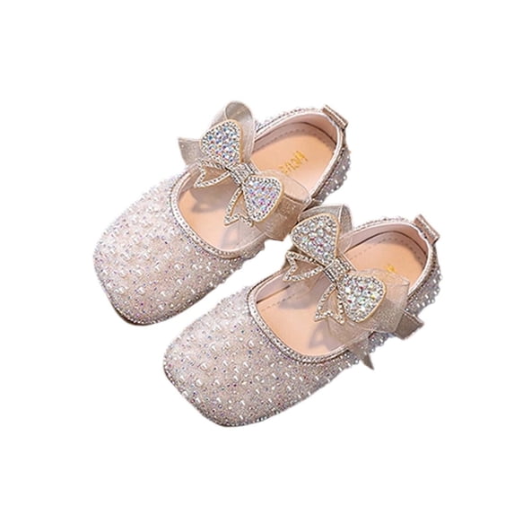 Xfvqtps Sparkle Princess Mary Jane Ballet for Girls Hook and Loop Strap Close Toe Pearl Mesh Bow Rhinestone Spring Summer Dressy Casual Shoes