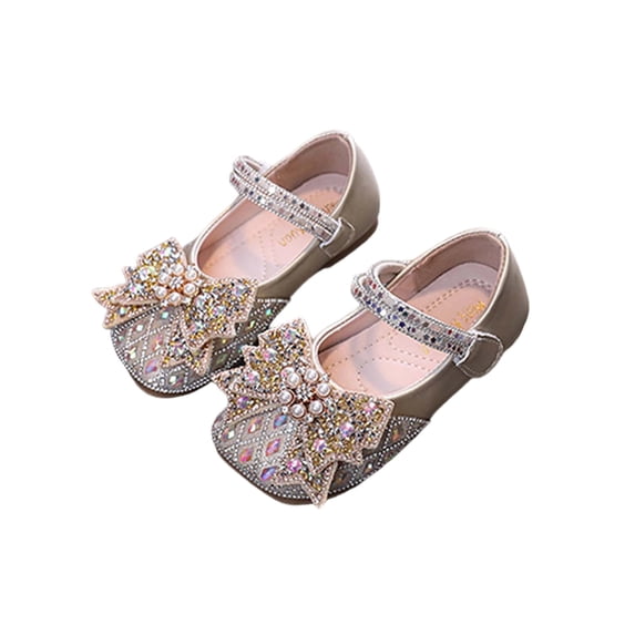Xfvqtps Sparkle Princess Mary Jane Ballet for Girls Hook and Loop Strap Close Toe Rhinestone Pearl Bow Spring Summer Dressy Casual Shoes