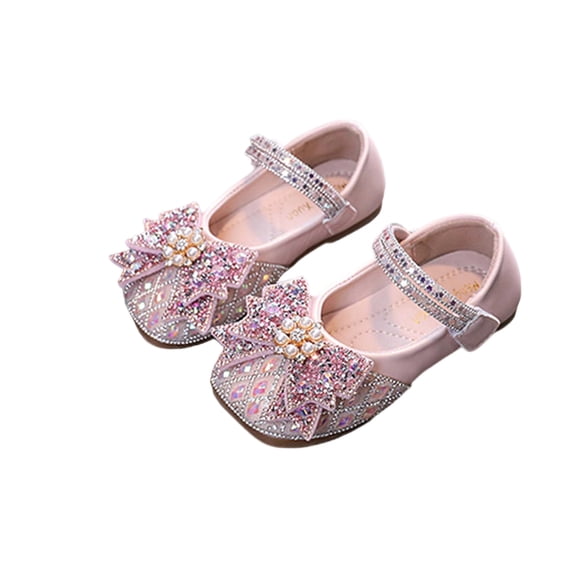 Xfvqtps Sparkle Princess Mary Jane Ballet for Girls Hook and Loop Strap Close Toe Rhinestone Pearl Bow Spring Summer Dressy Casual Shoes
