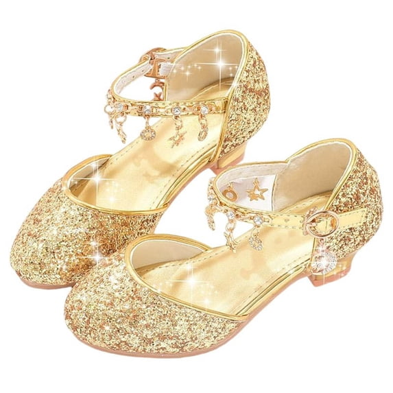 Xfvqtps Sparkle Princess Sandals for Girls Buckle Strap Low Heel Close Toe Rhinestone Tassel Spring Summer Dressy Casual Shoes