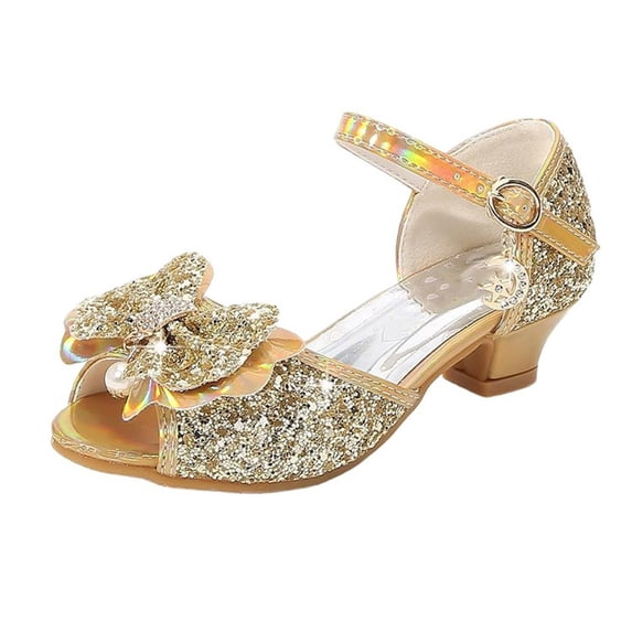 Xfvqtps Sparkle Princess Sandals for Girls Buckle Strap Low Heel Peep Toe Rhinestone Bow Spring Summer Dressy Casual Shoes