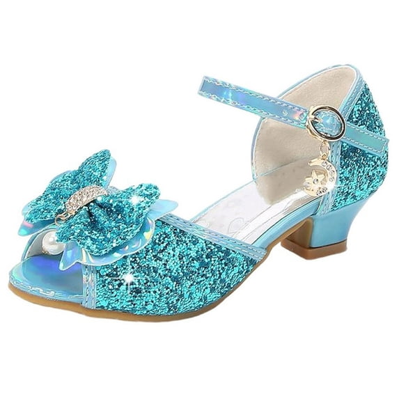 Xfvqtps Sparkle Princess Sandals for Girls Buckle Strap Low Heel Peep Toe Rhinestone Bow Spring Summer Dressy Casual Shoes