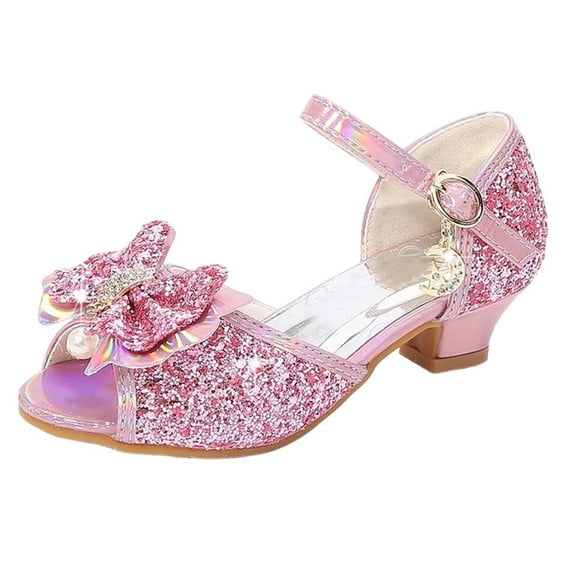 Xfvqtps Sparkle Princess Sandals for Girls Buckle Strap Low Heel Peep Toe Rhinestone Bow Spring Summer Dressy Casual Shoes
