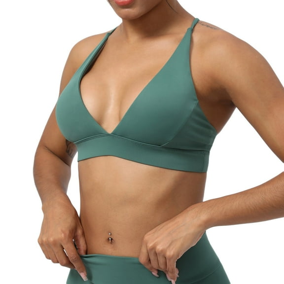 Xfvqtps Sports Bra for Women Cross Back Spaghetti Strap Deep V Neck Backless Elastic Breathable Yoga Athletic Exercise Bras Green