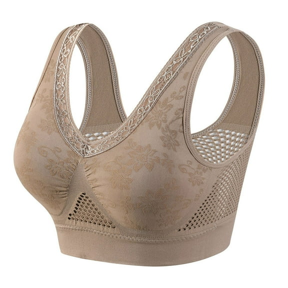 Xfvqtps Sports Bra for Women Mesh Flower Embroidery Lace Breathable No Underwire Padded Daily Bras Khaki
