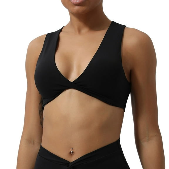 Xfvqtps Sports Bra for Women Racerback Deep V Neck Standard Strap Padded Elastic Breathable Yoga Athletic Exercise Bras Black