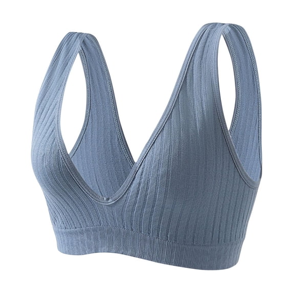 Xfvqtps Sports Bras for Women Deep V Neck Standard Strap Ribbed Knit Elastic Pullover Comfortable Breathable Yoga Bra Blue