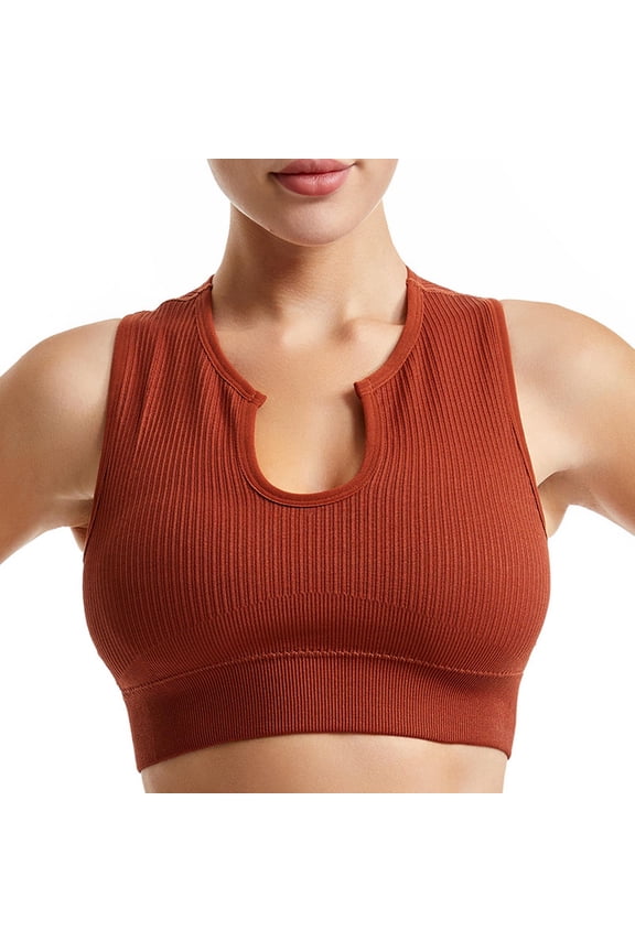 Sports Bras for Women Pullover Sleeveless Crop Top Deep V Neck Elastic Ribbed Knit Comfortable Breathable Running Yoga Tank Top Shirts Brown