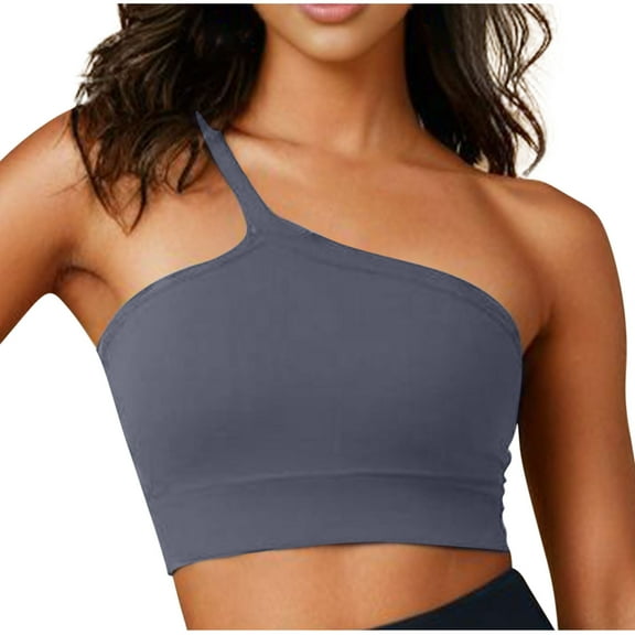 Xfvqtps Sports Bras for Women Wireless Single Shoulder Spaghetti Strap Padded Solid Color Crop Tank Tops for Yoga Gym Fitness Gray