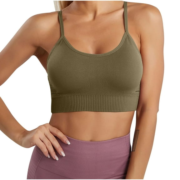 Xfvqtps Sports Bras for Women Wireless Spaghetti Strap Padded Push up Rib Solid Color Crop Tank Tops for Yoga Gym Fitness Army Green