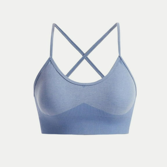 Xfvqtps Sports Bras for Women Wireless Spaghetti Strap Padded Push up Rib Solid Color Crop Tank Tops for Yoga Gym Fitness Sky Blue