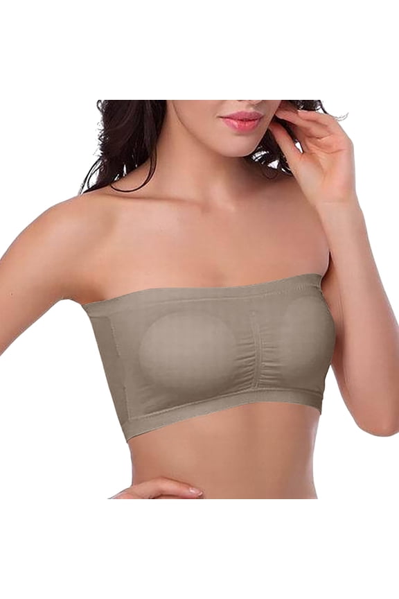 Strapless Bras for Women Padded Elastic Bralette Push up Solid Color Bandeau Bras Beige