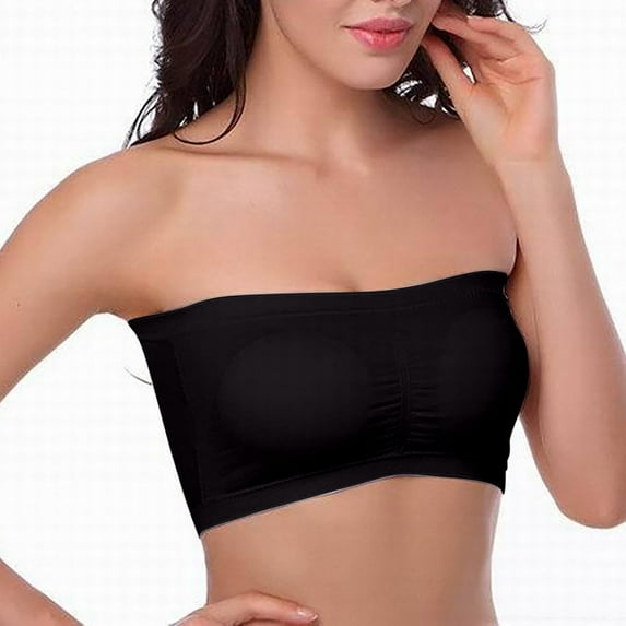 Xfvqtps Strapless Bras for Women Padded Elastic Bralette Push up Solid Color Bandeau Bras Black