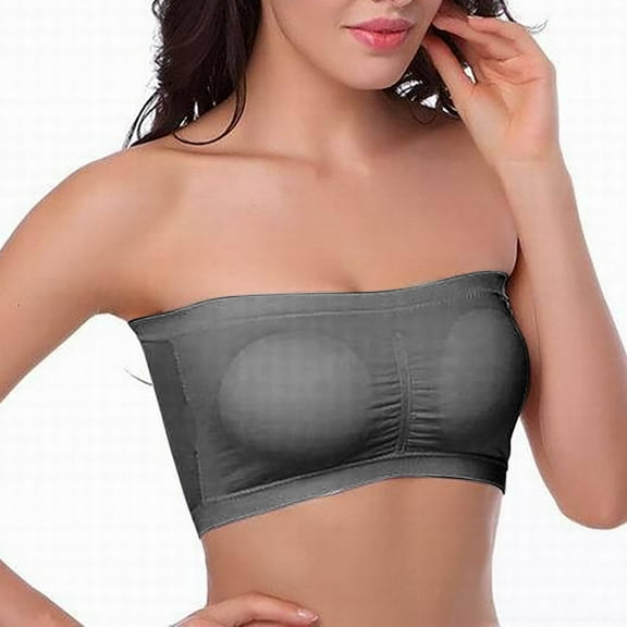 Xfvqtps Strapless Bras for Women Padded Elastic Bralette Push up Solid Color Bandeau Bras Gray