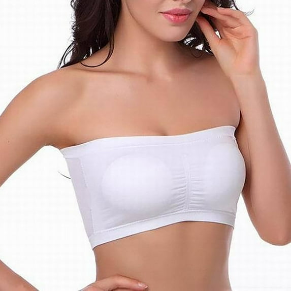 Xfvqtps Strapless Bras for Women Padded Elastic Bralette Push up Solid Color Bandeau Bras White