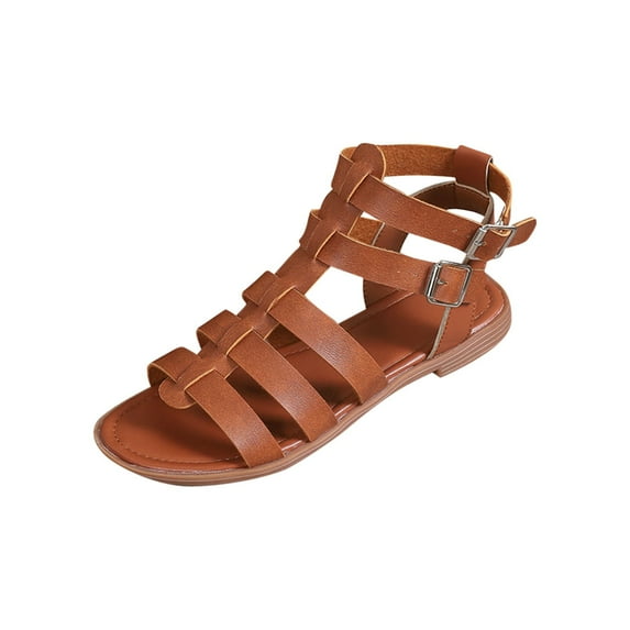Xfvqtps Strappy Sandals for Women Flat Ankle Strap Double Buckle Soft Sole Non Slip Beach Summer Leather Gladiator Sandals Brown
