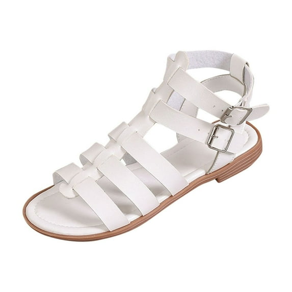 Xfvqtps Strappy Sandals for Women Flat Ankle Strap Double Buckle Soft Sole Non Slip Beach Summer Leather Gladiator Sandals White