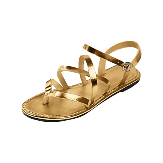 Xfvqtps Strappy Sandals for Women Gladiator Clip Toe Cross Straps Ankle Buckle Straps Non Slip Summer Beach Thong Sandals Gold