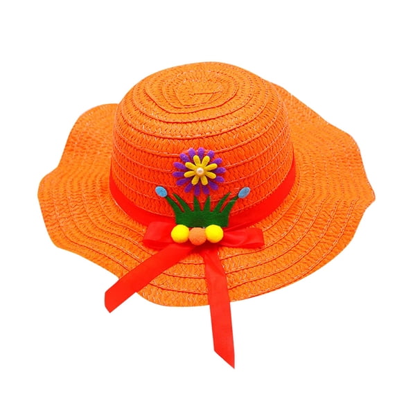 Xfvqtps Straw Hats for Kids Girls Flower Bow Bucket Hat Breathable Wide Brim Sun Protection Summer Beach Sun Hat