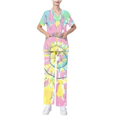 Xfvqtps Striped Scrub Set for Women V-Neck Stretch Scrub Top and Elastic Waist Scrub Pants Short Sleeve Protective Suit Set Working Uniforms with Pockets Multicolor