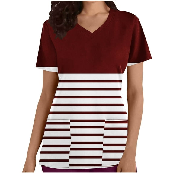 Xfvqtps Striped Scrub Tops for Women Wrinkle-Resist Nursing Uniform Casual V-Neck Print Short Sleeve Nurse Top with Pocket Burgundy