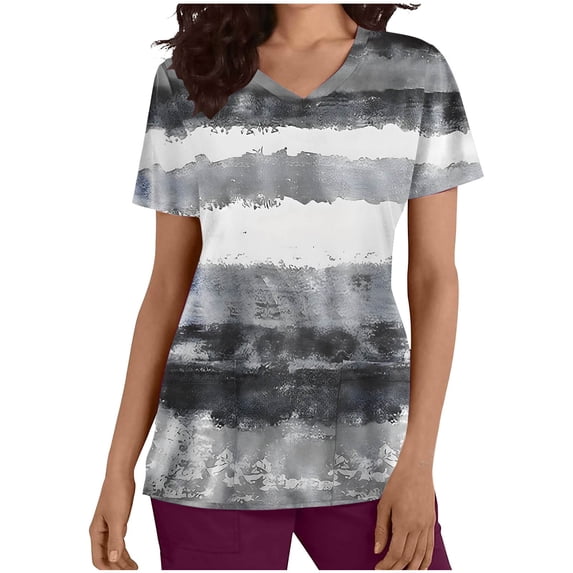 Xfvqtps Striped Scrub Tops for Women Wrinkle-Resist Nursing Uniform Casual V-Neck Print Short Sleeve Nurse Top with Pocket Gray