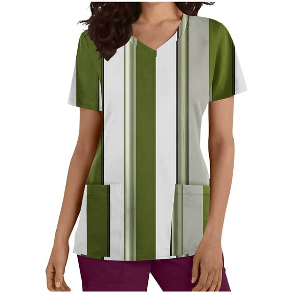 Xfvqtps Striped Scrub Tops for Women Wrinkle-Resist Nursing Uniform Casual V-Neck Print Short Sleeve Nurse Top with Pocket Green