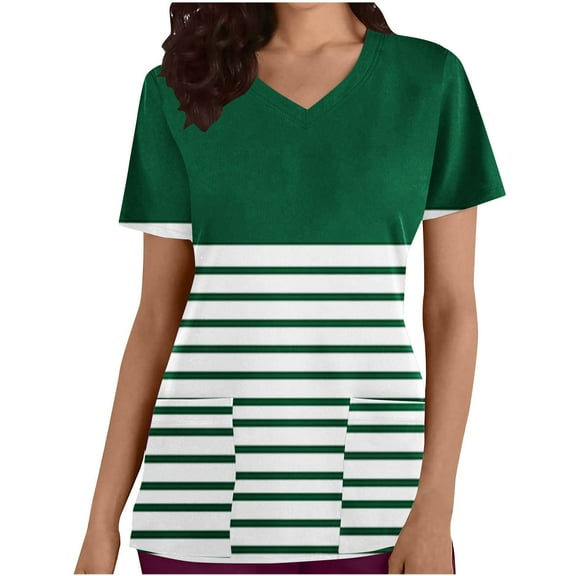 Xfvqtps Striped Scrub Tops for Women Wrinkle-Resist Nursing Uniform Casual V-Neck Print Short Sleeve Nurse Top with Pocket Green