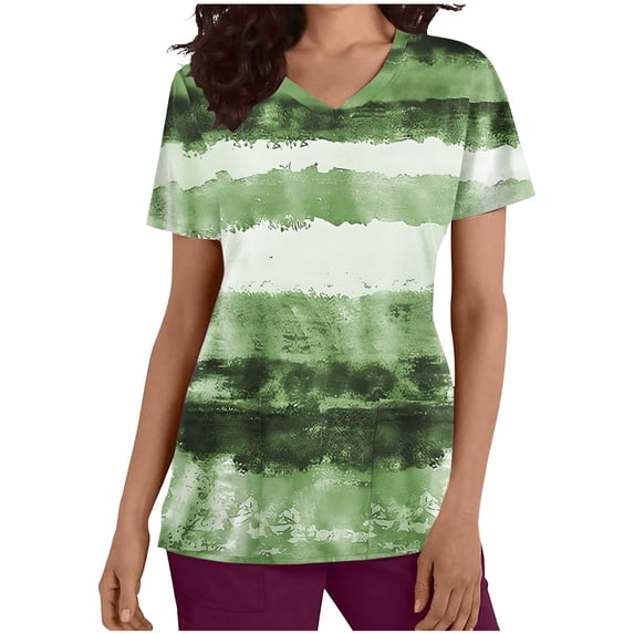 Xfvqtps Striped Scrub Tops for Women Wrinkle-Resist Nursing Uniform Casual V-Neck Print Short Sleeve Nurse Top with Pocket Green