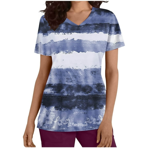 Xfvqtps Striped Scrub Tops for Women Wrinkle-Resist Nursing Uniform Casual V-Neck Print Short Sleeve Nurse Top with Pocket Light Blue