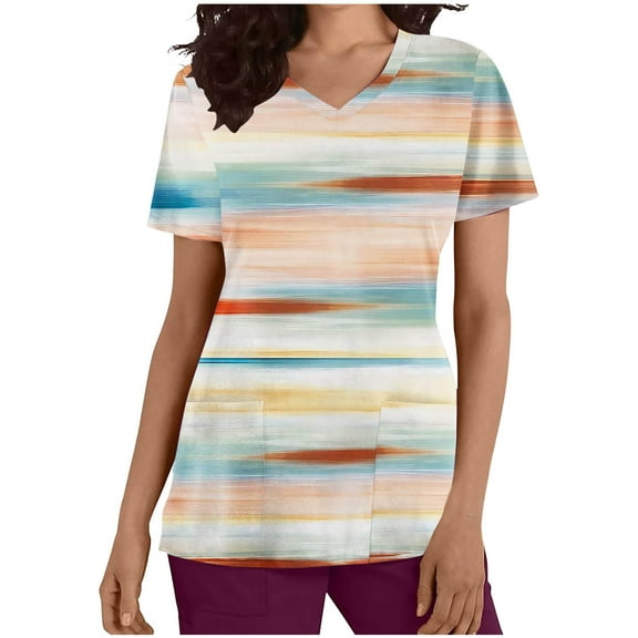 Xfvqtps Striped Scrub Tops for Women Wrinkle-Resist Nursing Uniform Casual V-Neck Print Short Sleeve Nurse Top with Pocket Orange
