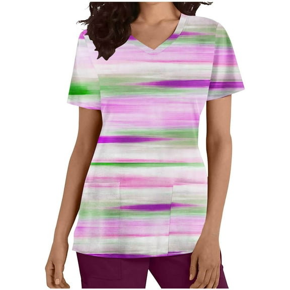 Xfvqtps Striped Scrub Tops for Women Wrinkle-Resist Nursing Uniform Casual V-Neck Print Short Sleeve Nurse Top with Pocket Pink