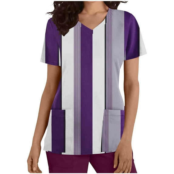 Xfvqtps Striped Scrub Tops for Women Wrinkle-Resist Nursing Uniform Casual V-Neck Print Short Sleeve Nurse Top with Pocket Purple