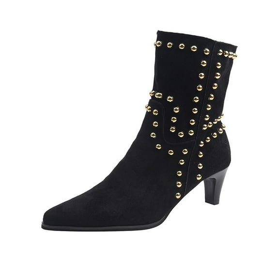 Xfvqtps Studded Ankle Boots for Women Winter Low Heel Slip on Booties Pointed Toe Suede Casual Fashion Boots Comfortable Shoes Black