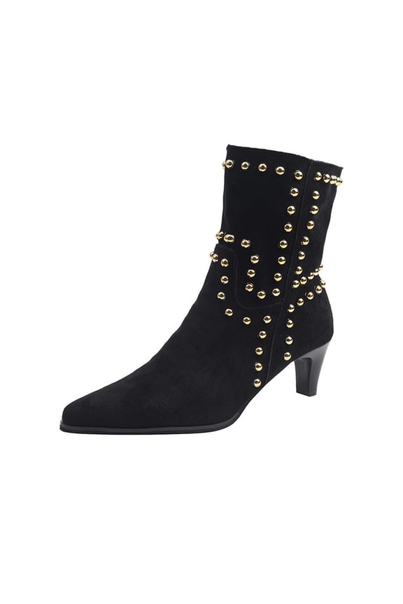 Studded Ankle Boots for Women Winter Low Heel Slip on Booties Pointed Toe Suede Casual Fashion Boots Comfortable Shoes Black