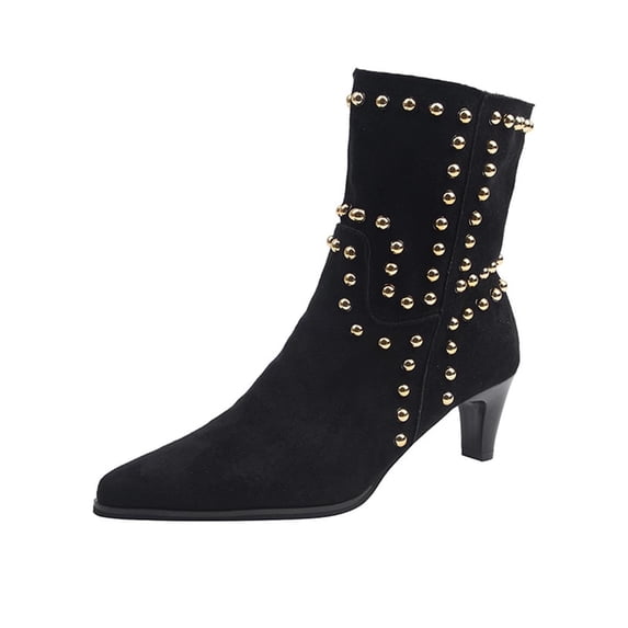 Xfvqtps Studded Ankle Boots for Women Winter Low Heel Slip on Booties Pointed Toe Suede Casual Fashion Boots Comfortable Shoes