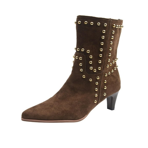Xfvqtps Studded Ankle Boots for Women Winter Low Heel Slip on Booties Pointed Toe Suede Casual Fashion Boots Comfortable Shoes Brown