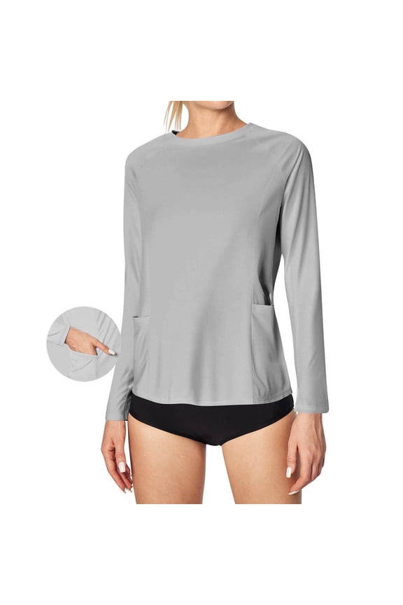 Sun Protection Clothing Women Pullover with Two Side Pockets Round Neck Long Sleeves Solid Color Breathable Summer Sun Protection Shirts for Women Gray