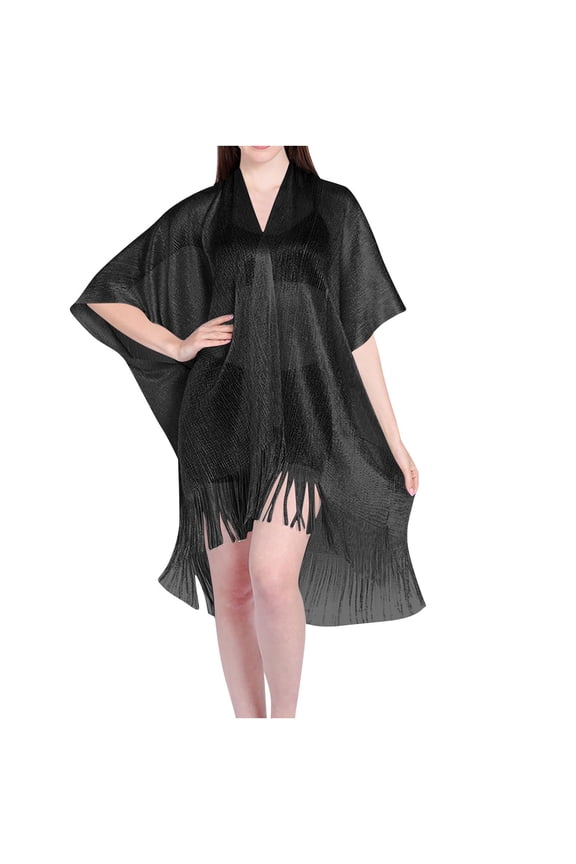 Sun Protection Clothing for Women Fringe Tassel Sheer Shiny Summer Beach Cover Ups Loose Cardigan Capes Tops Swimsuit Coverups Black