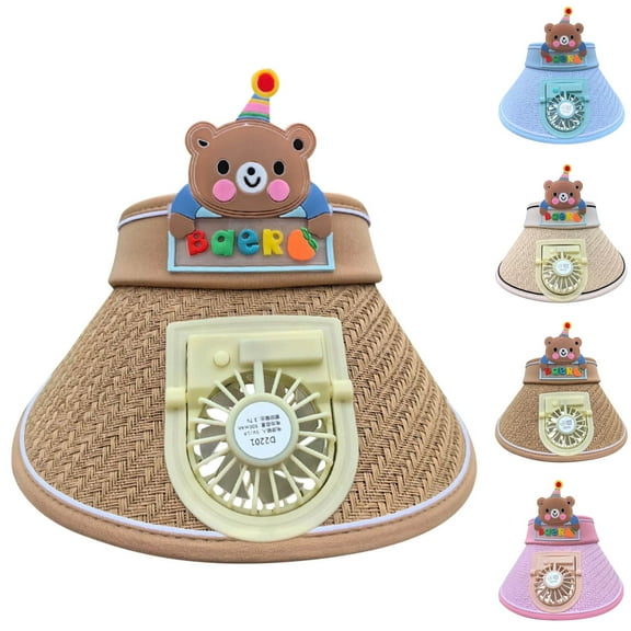 Xfvqtps Sun Visor Hat with Fan for Boys and Girls Straw Hat with Built in USB Charging Fan Cute Bear Decor Large Brim Empty Top Sun Protection Travel Beach Summer Fan Hat for 3-8 Years Khaki
