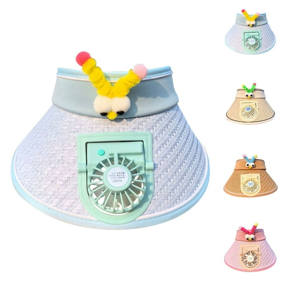 Xfvqtps Sun Visor Hat with Fan for Boys and Girls Straw Hat with Built in USB Charging Fan Cute Decor Large Brim Empty Top Sun Protection Travel Beach Summer Fan Hat for 3-8 Years Blue