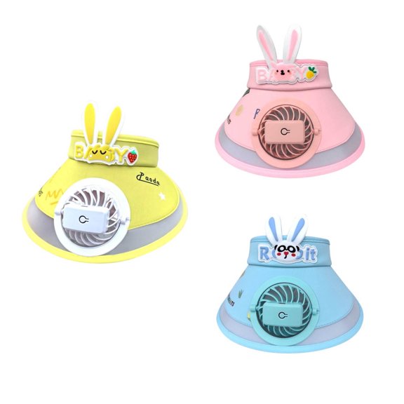 Xfvqtps Sun Visor Hat with Fan for Girls Built in USB Charging Fan Cute Cartoon Rabbit Decor Adjustable Large Brim Empty Top Sun Protection Travel Beach Summer Fan Hat for 3-8 Years Yellow