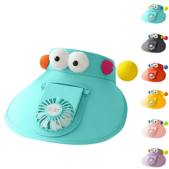 Xfvqtps Sun Visor Hat with Fan for Kids Built in USB Charging Fan Cute Cartoon Eyes Spring Ball Adjustable Large Brim Empty Top Sun Protection Travel Beach Summer Fan Hat for 3-14 Years Black